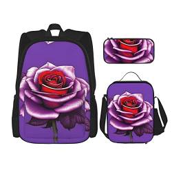 ZYVIA Fuchsia Rose 3-teiliges Taschenrucksack-Set Mittagessen Tasche und Federmäppchen Set Stark und Verschleißfest Große Kapazität für Schulen Bergsteigen Training, Schwarz , Einheitsgröße von ZYVIA