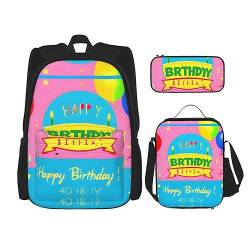 ZYVIA Happy Birthday Ballon 3-teiliges Taschenrucksack-Set Lunchtasche und Federmäppchen Set Stark und Verschleißfest Große Kapazität für Schulen Bergsteigen Training, Schwarz , Einheitsgröße von ZYVIA