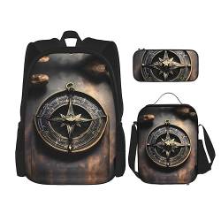 ZYVIA Magical Design Norse Runes Kompass 3-teiliges Taschen-Rucksack Lunch-Tasche und Federmäppchen Set Stark und Verschleißfest Große Kapazität für Schulen Bergsteigen Training, Schwarz , von ZYVIA