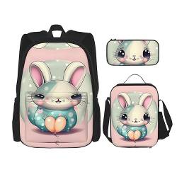 ZYVIA Pink Cartoon Bunny 3-teiliges Taschen-Rucksack Mittagessen Tasche und Federmäppchen Set Stark und Verschleißfest Große Kapazität für Schulen Bergsteigen Training, Schwarz , Einheitsgröße von ZYVIA