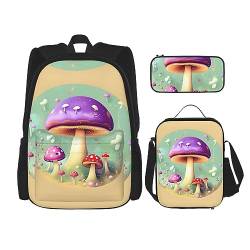 ZYVIA Purple Dream Pilz 3-teiliges Taschenrucksack-Set für Mittagessen und Bleistift, robust und verschleißfest, große Kapazität für Schulen, Bergsteigen, Training, Schwarz , Einheitsgröße von ZYVIA