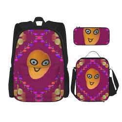 ZYVIA Smiley Mango 3-teiliges Taschenrucksack-Set mit Lunchtasche und Federmäppchen, robust und verschleißfest, große Kapazität für Schulen, Bergsteigen, Training, Schwarz , Einheitsgröße von ZYVIA