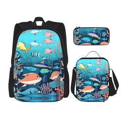 ZYVIA Submarine Dolphins 3-teiliges Taschen-Rucksack, Lunchtasche und Federmäppchen-Set, stark und verschleißfest, große Kapazität für Schulen, Bergsteigen, Training, Schwarz , Einheitsgröße von ZYVIA