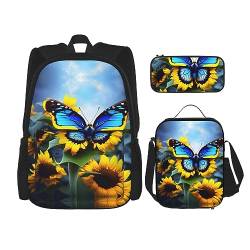 ZYVIA Sunflower Blue Butterfly 3-teiliges Taschenrucksack-Set für Mittagessen und Bleistift, robust und verschleißfest, große Kapazität für Schulen, Bergsteigen, Training, Schwarz , Einheitsgröße von ZYVIA