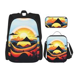 ZYVIA Sunrise Mountain 3-teiliges Set mit Rucksack, Lunchtasche und Federmäppchen, robust und verschleißfest, große Kapazität, für Schulen, Bergsteigen, Training, Schwarz , Einheitsgröße von ZYVIA