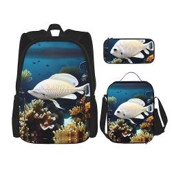 ZYVIA White-Golden Fish 3-teiliges Taschenrucksack-Set für Mittagessen und Bleistift, robust und verschleißfest, große Kapazität für Schulen, Bergsteigen, Training, Schwarz , Einheitsgröße von ZYVIA