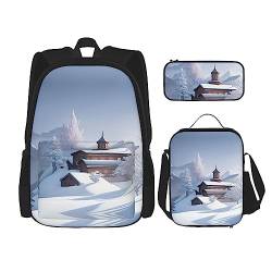 ZYVIA Winterlandschaft 3-teiliges Taschenrucksack-Set mit Lunchtasche und Federmäppchen, robust und verschleißfest, große Kapazität für Schulen, Bergsteigen, Training, Schwarz , Einheitsgröße von ZYVIA