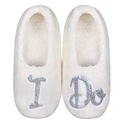 ZYZX Hochzeit Hausschuhe Damenmit mit glitzernden Pailletten.Slipper für Braut,Team Braut,Hochzeit,Flauschige Rutschfeste hausschuhsocken(I DO) von ZYZX