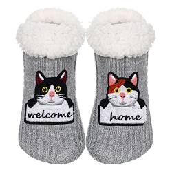 ZYZX Katze Kuschelsocken mit Antirutsch Sohle Winter Sherpa Fleece Flauschig Lustige Niedlich Stoppersocken Bequem Weiche Warme Haussocken Stricken Hüttensocke Geschenke von ZYZX