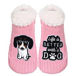 ZYZX Kuschelsocken mit Hund Motiv Winter Antirutsch-Sohle Strick Fleece-gefüttert Warme Lustige Niedlich Haussocken Weiche Stoppersocken Dicke Hüttensocke Geschenke Hausschuhe von ZYZX