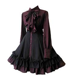 YANHUIG Damen Mädchen schwarzes Gothic Lolita Kleid Langarm Polyester Rüschen Kleid mit Schleifen (XL, Schwarz) von ZZEQYG