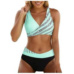 ZZHZGZ Bikini Damen Bauchweg Große Brüste Push Up Bikinioberteil Strandmode Zweiteiliger Badeanzug Damen Badeanzug mit Hoher Taille und Zweiteiligem Set Bauchweg Bademode Grün, L von ZZHZGZ