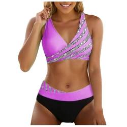 ZZHZGZ Bikini Damen Bauchweg Große Brüste Push Up Bikinioberteil Strandmode Zweiteiliger Badeanzug Damen Badeanzug mit Hoher Taille und Zweiteiligem Set Bauchweg Bademode Lila, L von ZZHZGZ