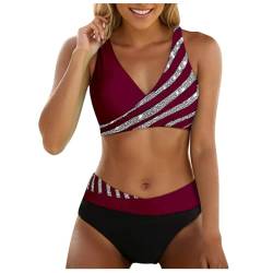 ZZHZGZ Bikini Damen Bauchweg Große Brüste Push Up Bikinioberteil Strandmode Zweiteiliger Badeanzug Damen Badeanzug mit Hoher Taille und Zweiteiligem Set Bauchweg Bademode Wein, L von ZZHZGZ