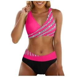 ZZHZGZ Bikini Damen Bauchweg Große Brüste Push Up Bikinioberteil Strandmode Zweiteiliger Badeanzug Damen Badeanzug mit Hoher Taille und Zweiteiligem Set Bauchweg Bademode X-Heißes Rosa, L von ZZHZGZ