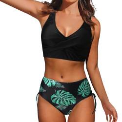 ZZHZGZ Bikini Damen Bauchweg Große Brüste Push Up Bikinioberteil Strandmode Zweiteiliger Badeanzug Damen Badeanzug mit Hoher Taille und Zweiteiligem Set Bauchweg Bademode Y-Schwarz 01, L von ZZHZGZ