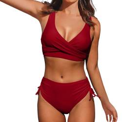 ZZHZGZ Bikini Damen Bauchweg Große Brüste Push Up Bikinioberteil Strandmode Zweiteiliger Badeanzug Damen Badeanzug mit Hoher Taille und Zweiteiligem Set Bauchweg Bademode Y-Wein, XL von ZZHZGZ