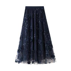 ZZLBUF Teens Chiffon Tüll Elastische Blumendruck Mesh Overlay Layered A Line Midi Rock, 4# Blau, Einheitsgröße von ZZLBUF