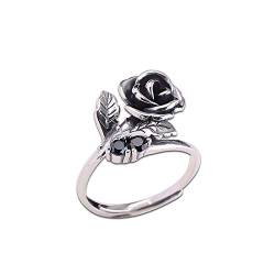 Damenring Damen Rose Ring mit schwarzem Zirkon Elegante 925 Sterling Silber Einstellbare Ring Vintage Promise Eheringe Ringe Für Frauen von ZZXXYY