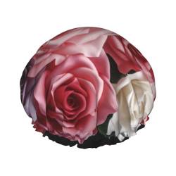 Duschhaube mit Rosenblüten-Druck, doppellagig, wasserdicht, elastisch, wiederverwendbar, für Damen, Spa, Salon von ZaKhs