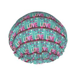 Love Blue Wood Pink Heart Print Duschhaube, elastisch, wiederverwendbar, wasserdicht, Badekappe, doppellagig, Haarkappe für Damen und Herren von ZaKhs