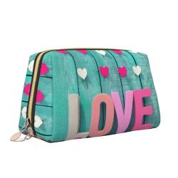 Love Blue Wood Pink Heart Print Makeup Bag Portable Versatile Toiletry Bag Large Capacity Cosmetic Bag for Women, weiß, Einheitsgröße, Kulturbeutel von ZaKhs