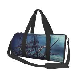 Octopus Kraken Piratenschiff Ozean Print Reisetasche mit Tasche und verstellbarem Riemen, großer Turnbeutel, modische Yoga-Tasche für Damen und Herren, Schwarz , Einheitsgröße von ZaKhs