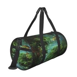 Reisetasche mit Blick auf den Fantasy-Fluss mit Teich und Fischen, Pilz im Dschungelbäume, bedruckt, Reisetasche, mit Tasche und verstellbarem Riemen, große Sporttasche, modische Yoga-Tasche für Damen von ZaKhs