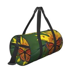 Reisetasche mit Sonnenblumen- und Schmetterlings-Aufdruck, mit Tasche und verstellbarem Riemen, große Sporttasche, modische Yoga-Tasche für Damen und Herren, Schwarz , Einheitsgröße von ZaKhs