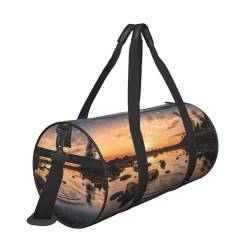 Reisetasche mit Wasseroberfläche im Sonnenuntergang bedruckt, mit Tasche und verstellbarem Riemen, große Sporttasche, modische Yoga-Tasche für Damen und Herren, Schwarz , Einheitsgröße von ZaKhs