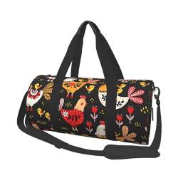 Reisetasche mit niedlichem Hahn-Aufdruck, mit Tasche und verstellbarem Riemen, große Sporttasche, modische Yoga-Tasche für Damen und Herren, Schwarz , Einheitsgröße von ZaKhs