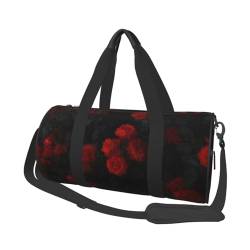 Reisetasche mit rot-schwarzem Rosenmuster, mit Tasche und verstellbarem Riemen, große Sporttasche, modische Yoga-Tasche für Damen und Herren, Schwarz , Einheitsgröße von ZaKhs