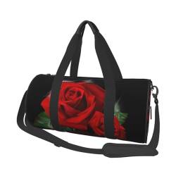 Reisetasche mit rotem Rosenmuster, mit Tasche und verstellbarem Riemen, große Sporttasche, modische Yoga-Tasche für Damen und Herren, Schwarz , Einheitsgröße von ZaKhs