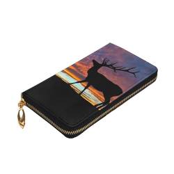 ZaKhs Red Deer Bull Elk Sunset Print Damen Geldbörse Leder Reißverschluss Münzbörse Groß Kartenetui Brieftasche für Urlaub Geschenk, Schwarz , Einheitsgröße von ZaKhs