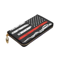 ZaKhs Red Stripe Firefighter USA Flag Print Damen Geldbörse Leder Reißverschluss Münzbörse Groß Kartenetui Geldbörse für Urlaub Geschenk, Schwarz , Einheitsgröße von ZaKhs