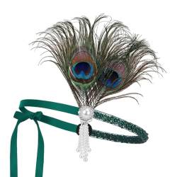 1920er Jahre Kopfschmuck Flapper Stirnband Zubehör, Perle Pfauenfeder Haarband für Damen En8 von Zadaos