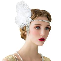 Damen-Haarband mit Federn, mit Strass-Quaste, 1920, Flapper, Mädchen, Vintage-Stil, Weiß von Zadaos