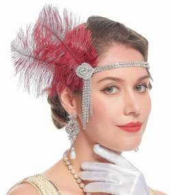 Damen-Haarband mit Federn, mit Strass-Quaste, 1920, Flapper, Vintage-Stil, Weinrot von Zadaos