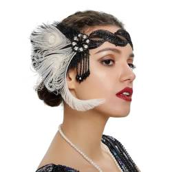 Zadaos 1920er Jahre Kopfschmuck Feder Flapper Stirnband Kopfschmuck Vintage Haarschmuck Party Kostüm Haarband Beige Schwarz von Zadaos