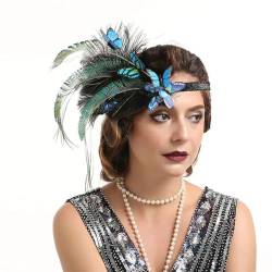 Zadaos Elastisches Haarband mit Pfauenfedern, mit Schmetterling, 1920er-Jahre, Flapper-Feder-Stirnband, 20er-Jahre-Stil, Perlen-Showgirl-Kopfschmuck, bunt von Zadaos