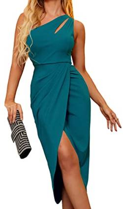 Zalalus Damen Sexy One Shoulder Bodycon Formelles Kleid 2023 Sommer Ausschnitt Geraffte Schlitz Wrap Cocktail Party Midi Kleider, Blau, Klein von Zalalus