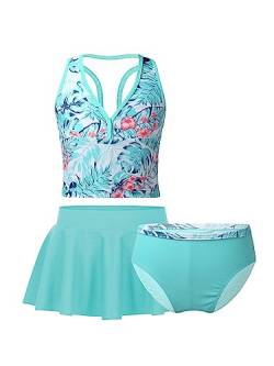 Zaldita Kinder Mädchen Tankini Set mit Blumen Durck Bikini Tank Top + Bade Slip + Schwimmrock Badeanzug Badebekleidungsset A Minzgrün 152-164 von Zaldita