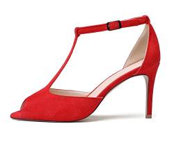 Zamikoo Damen Peep Toe Riemchensandalen High Heels Offene Sandalen mit Absatz 3.35 Inch Bequem Schuhe Suede Rot EU40 von Zamikoo