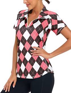 Zamowoty Damen Kurzarm Golf Shirts 1/4 Zip Up Loose Yoga Running Workout Tops, Pink Argyle, XX-Large von Zamowoty