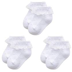 Zando Baby Mädchen Socken Baumwolle Baby Socken Elastisch Söckchen mit Rüschen Spitze Atmungsaktiv 3 Paar Weiß 1-2 Jahre (Tag Size M) von Zando