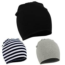 Zando Baby Mütze Baby Beanie Jungen Mädchen Unisex Wendemütze Jersey Slouch-Beanie 3er Pack Schwarz Streifen u. Hellgrau 1-4 Jahre von Zando