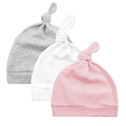 Zando Baumwoll Baby Beanie Jungen Mädchen Unisex Hut Neugeborene Kopfbedeckung Mütze Knoten 3er Set Grau Weiß u. Pink 0-6 Monate von Zando
