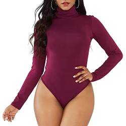 Zando Damen Body Sexy Body Damen Elegant Langarmbody mit Rollkragen Damenbody Stringbody Bodysuit Top Tiefrot S von Zando