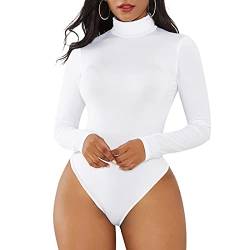 Zando Damen Body Sexy Body Damen Elegant Langarmbody mit Rollkragen Damenbody Stringbody Bodysuit Top Weiß XL von Zando