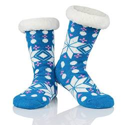 Zando Damen Hüttensocken Anti-Rutsch Haussocken Warm Atmungsaktiv Dicke Socken Fleece-Gefütterte Blau mit Schneeflocken Einheitsgröße von Zando